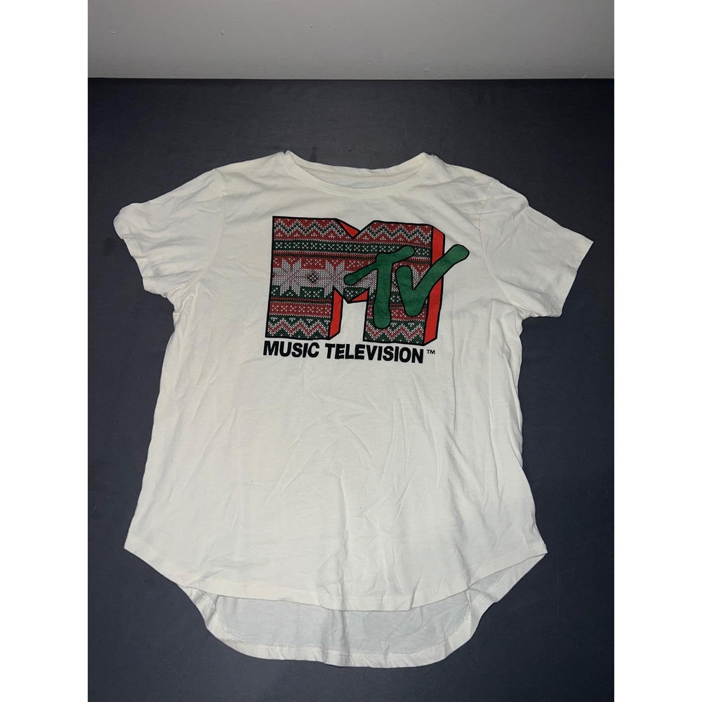 MTV Music Television Graphic T-Shirt White Christmas Fair Isle Logo Size 2XL